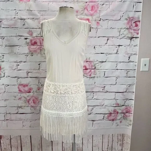 Ark & Co Women's Lace Fringe Cream Chiffon Sleeveless Mini Shift Dress Size S - Picture 4 of 14
